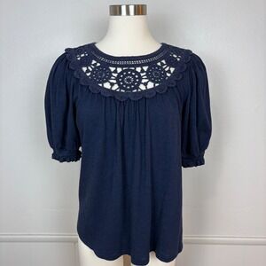 Boden Anais Puff Sleeve Top Size 8 Crochet Yoke Navy Blue Casual Festival Beachy